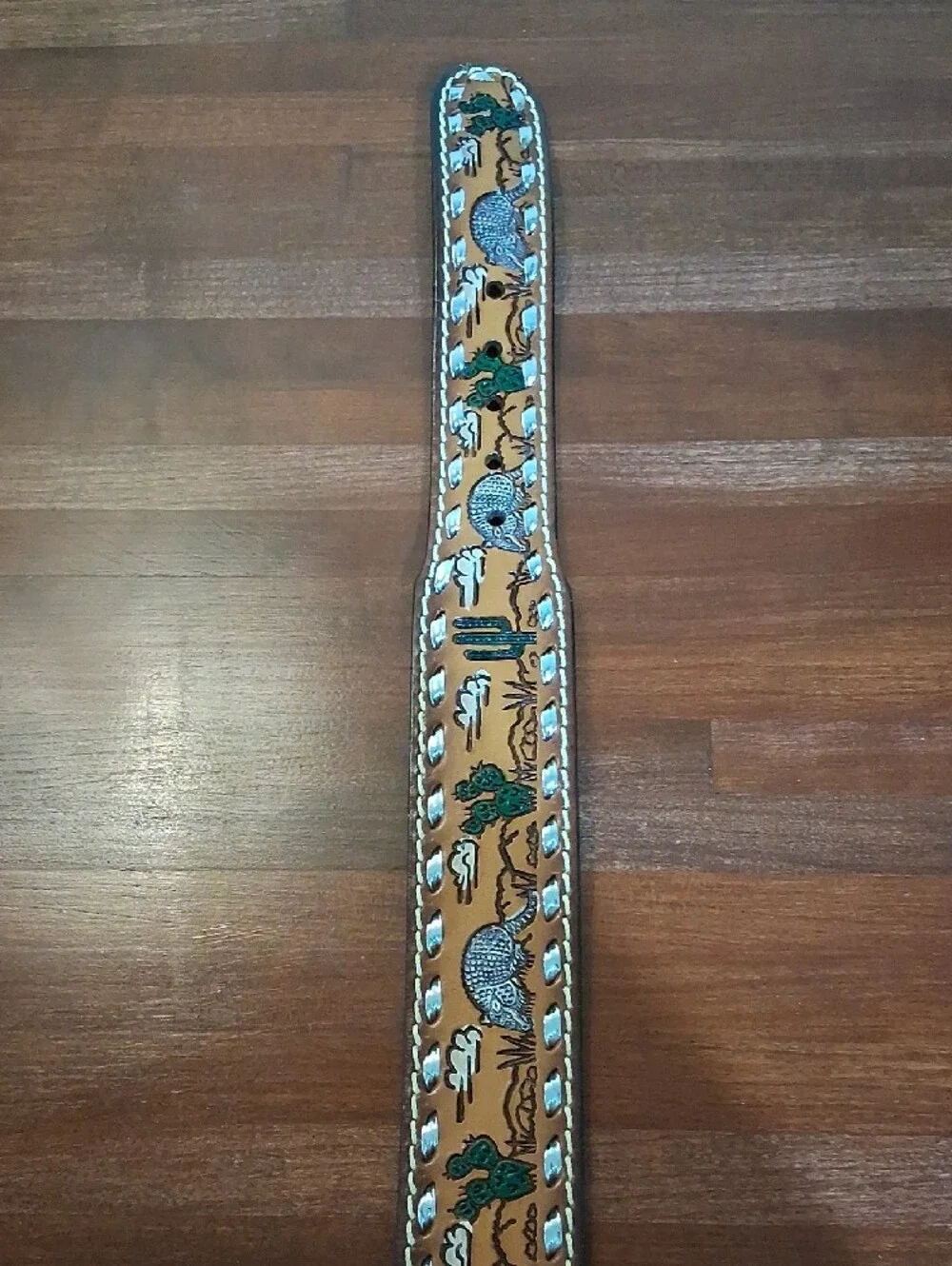 Mallory Western Belt 28 Brown Leather Silver Lacing Tooled Painted Armadillo